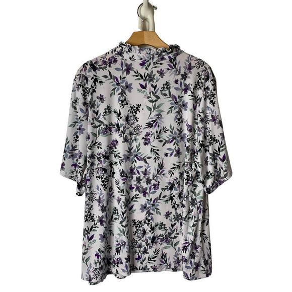 Karl Lagerfeld White Floral Jersey Tie-Neck Short Sleeve Blouse Plus Size 2X - Picture 6 of 8